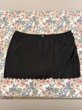 Cacique Black Mini Swim Skirt with Scalloped Eyelet Hem